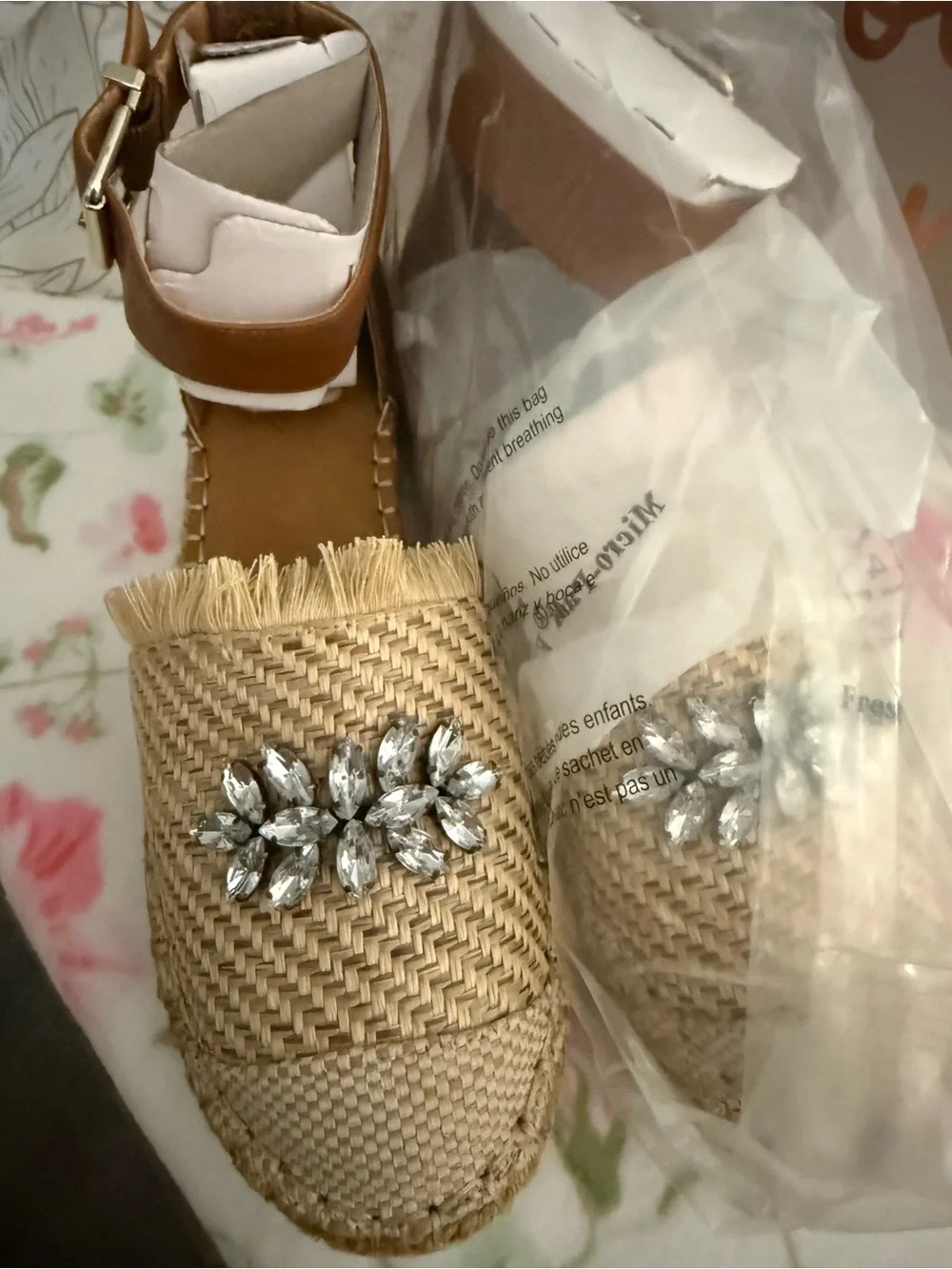 Crown Vintage Beige and Tan Jeweled Espadrille Ankle-Strap Flats